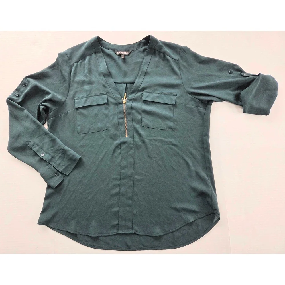 Express Portofino Shirt Womens Large Forest Green 1/4 Zip Roll Tab Sleeve Blouse